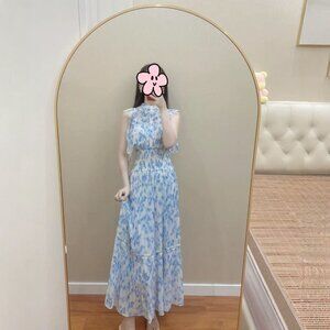 Sweet Flying Sleeve Printed Waist-controlled Pleated Chiffon Dress